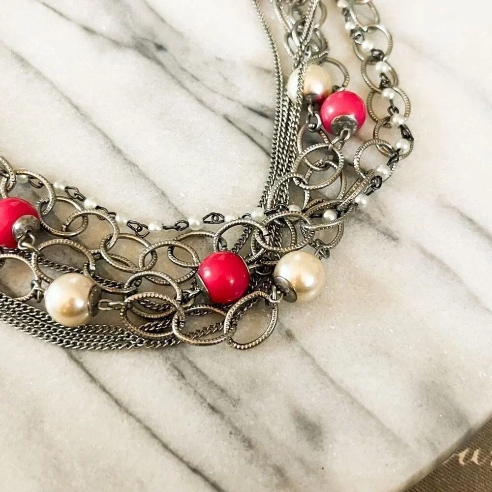 New York & Co Layered Silver Tone‎ Chain Necklace | Pink Bead | Multi Strand Y2K